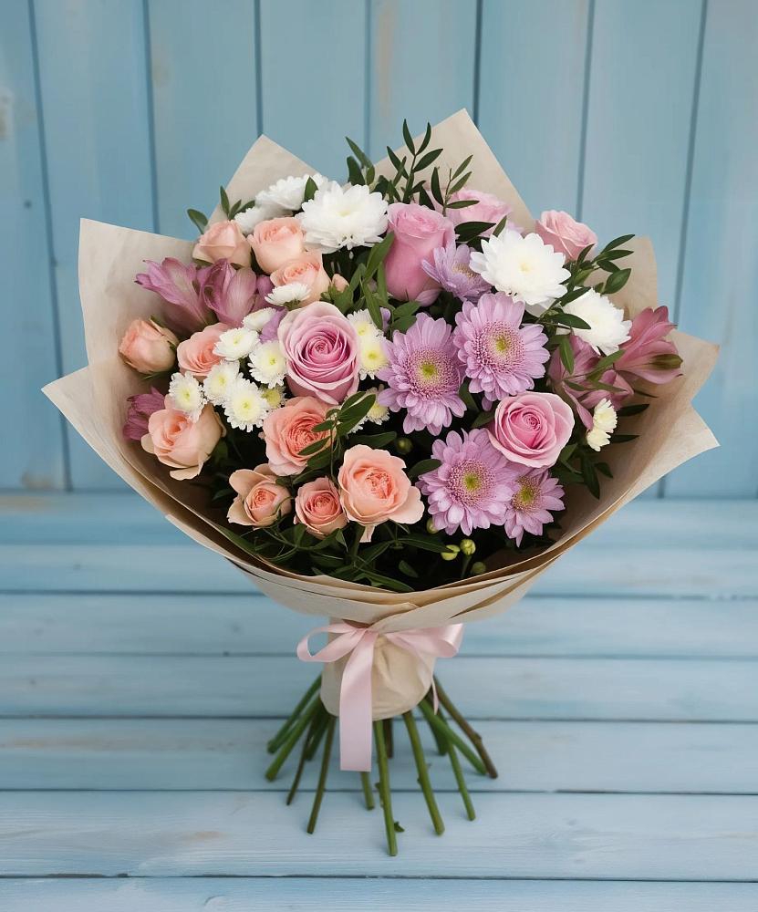 Букет цветов из: Хризантемы, Розы и Альстромерии в Жешарте