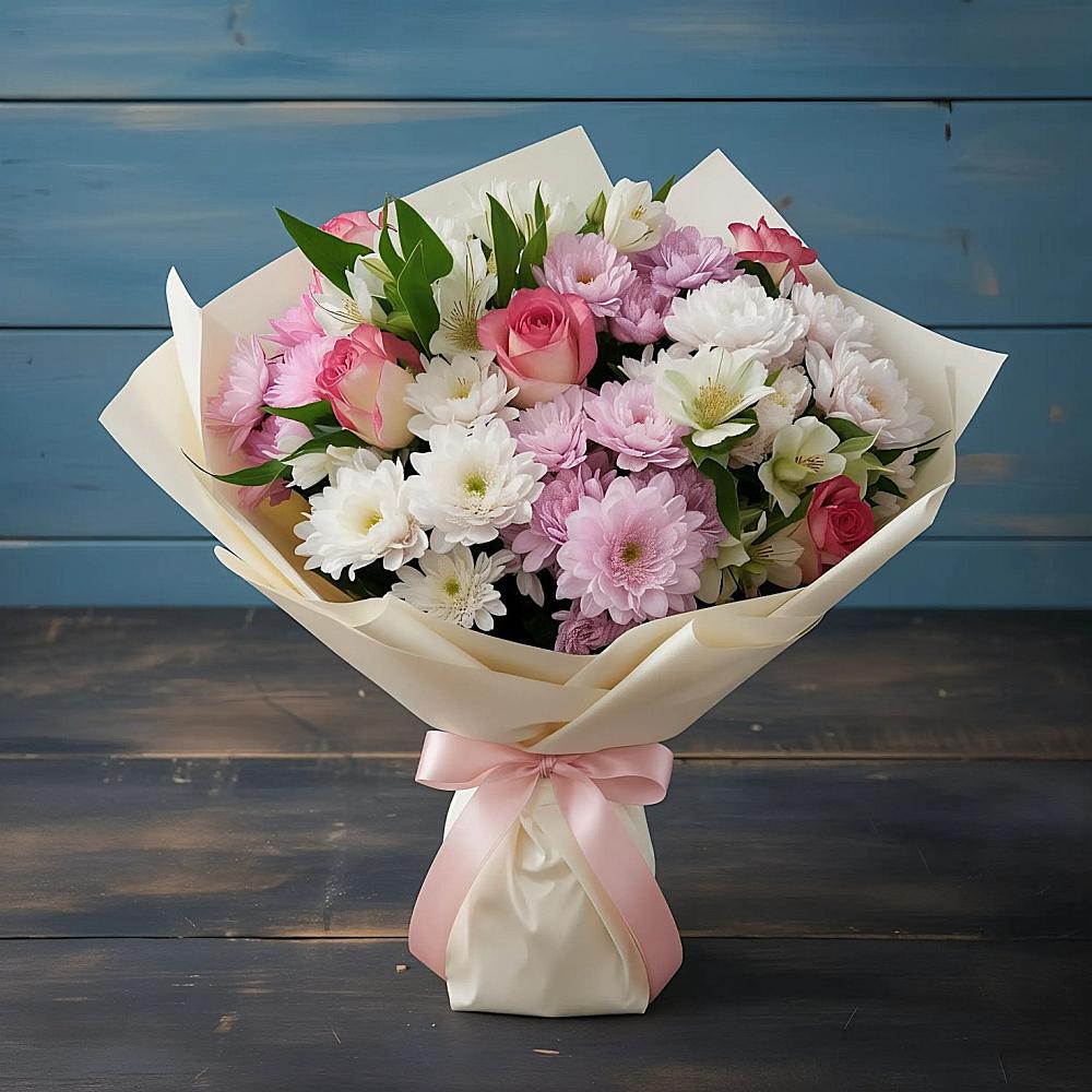 Букет цветов из: Хризантемы, Альстромерии и Розы в Жешарте